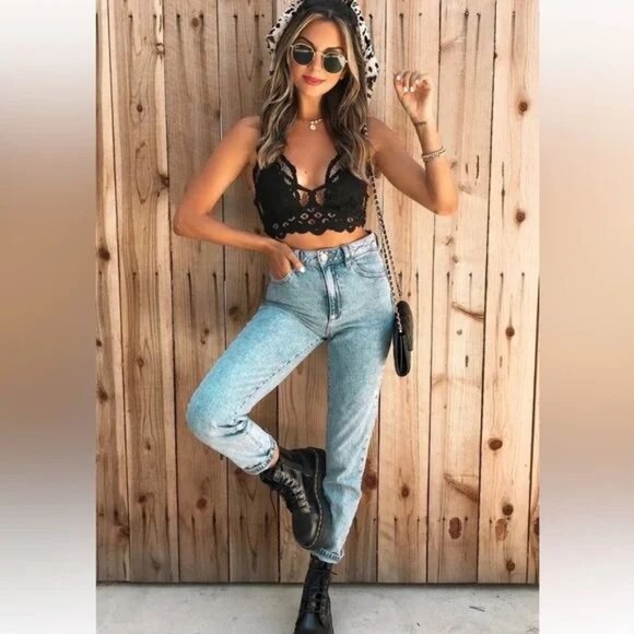 Free People One Adella Longline Cropped Top Bralette Bra Crochet Lace Black - Picture 1 of 8